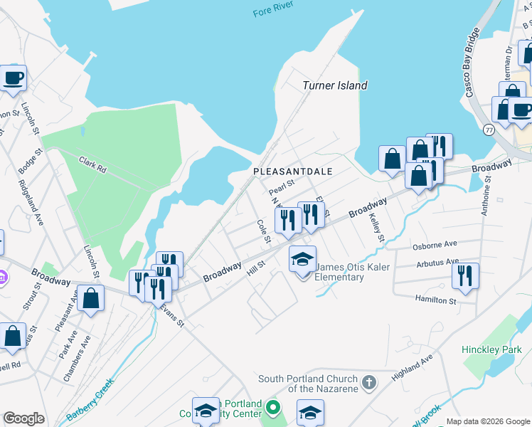 map of restaurants, bars, coffee shops, grocery stores, and more near 5 Barberry Creek Road in South Portland