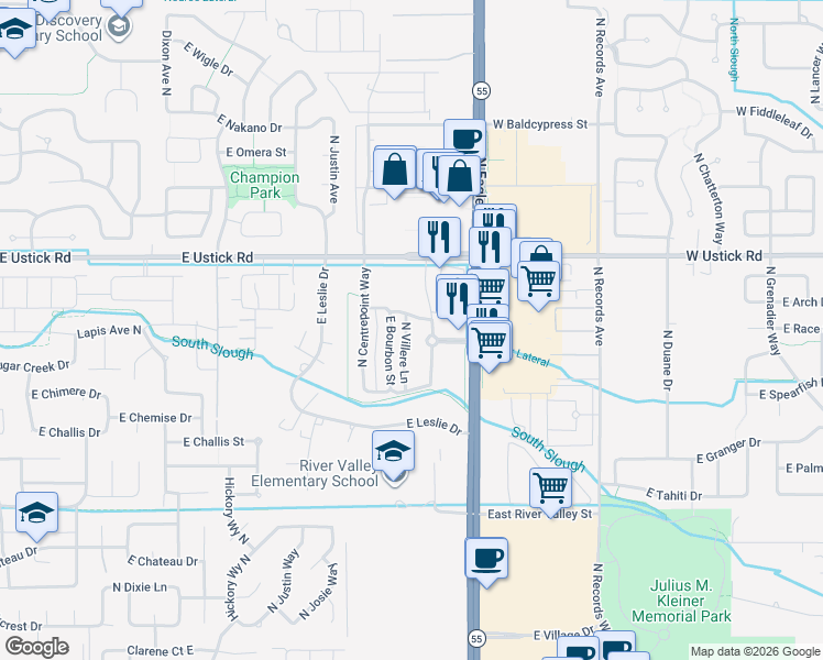 map of restaurants, bars, coffee shops, grocery stores, and more near 2970 North Villere Lane in Meridian