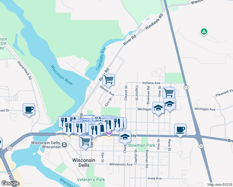 map of restaurants, bars, coffee shops, grocery stores, and more near 1102 Elm Street in Wisconsin Dells