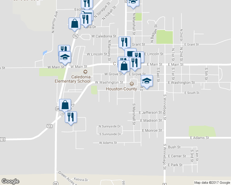 map of restaurants, bars, coffee shops, grocery stores, and more near 205 West South Street in Caledonia