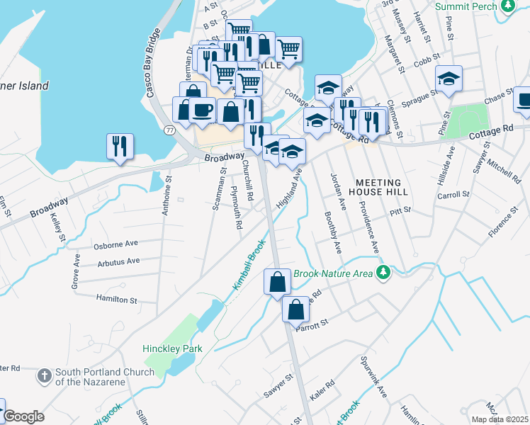 map of restaurants, bars, coffee shops, grocery stores, and more near 10 Derby Road in South Portland