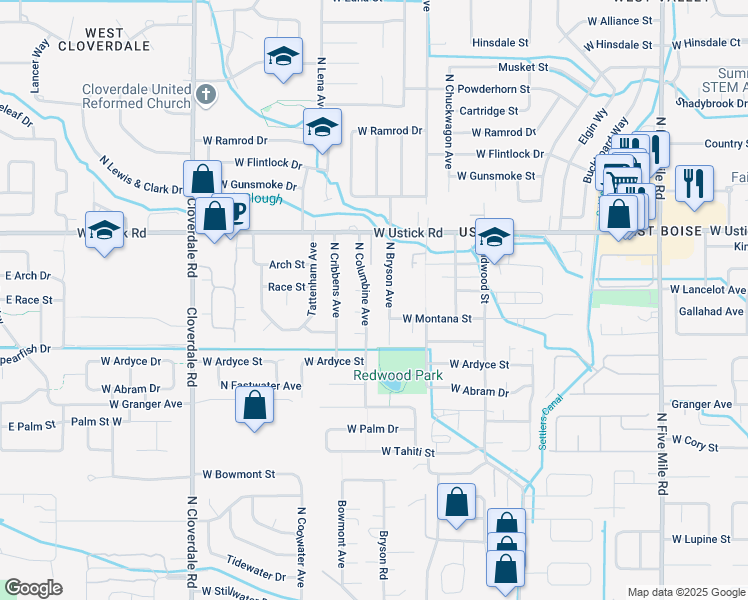 map of restaurants, bars, coffee shops, grocery stores, and more near 2960 North Columbine Avenue in Boise