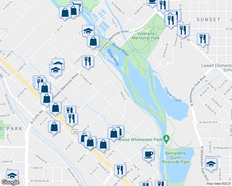 map of restaurants, bars, coffee shops, grocery stores, and more near 3929 Reed Street in Boise