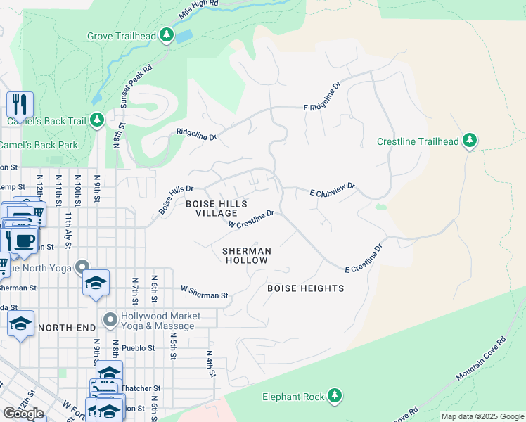 map of restaurants, bars, coffee shops, grocery stores, and more near 122 West Crestline Drive in Boise