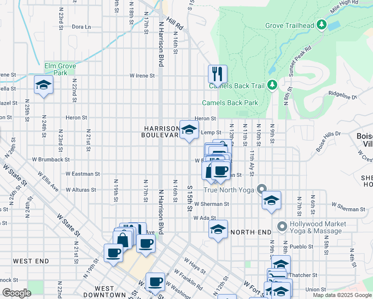 map of restaurants, bars, coffee shops, grocery stores, and more near 1531 West Ridenbaugh Street in Boise