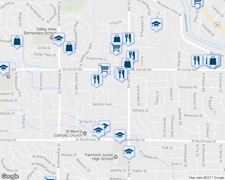 map of restaurants, bars, coffee shops, grocery stores, and more near 7597 West Tottenham Lane in Boise