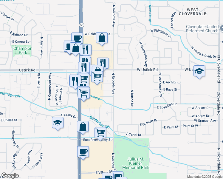 map of restaurants, bars, coffee shops, grocery stores, and more near 3475 East Ustick Road in Meridian