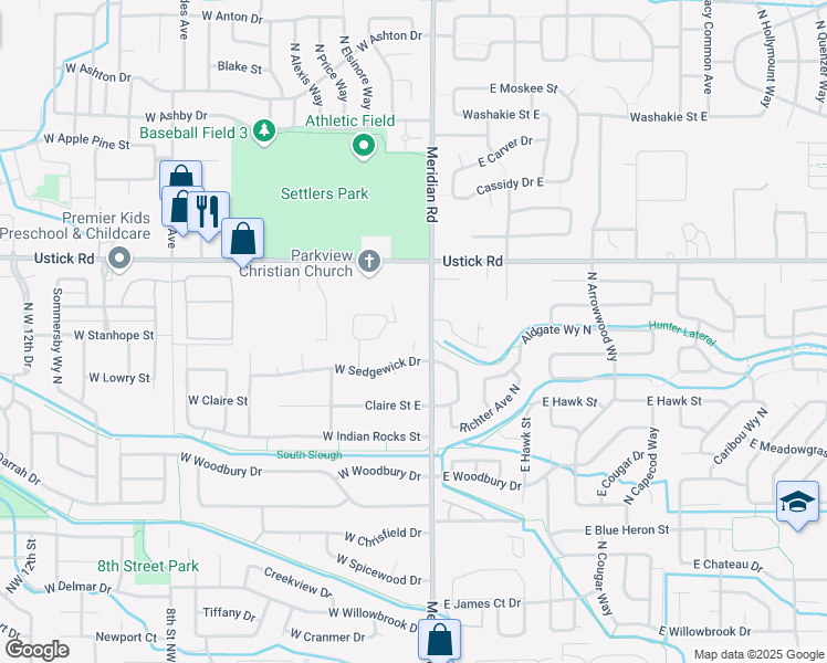 map of restaurants, bars, coffee shops, grocery stores, and more near 2985 North Meridian Road in Meridian