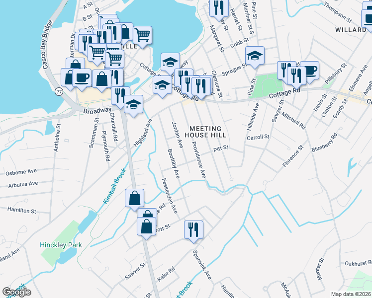 map of restaurants, bars, coffee shops, grocery stores, and more near 77 Providence Avenue in South Portland