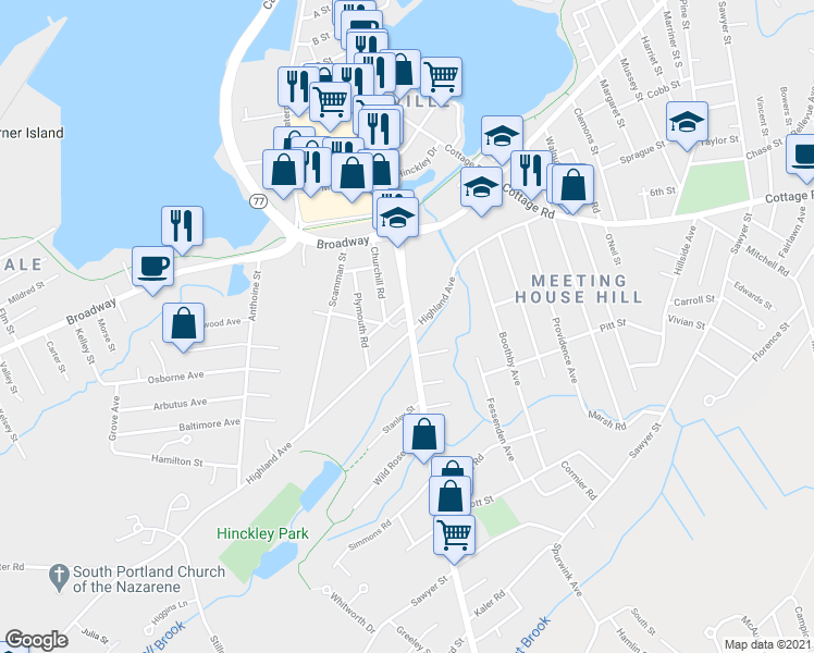 map of restaurants, bars, coffee shops, grocery stores, and more near 10 Derby Road in South Portland
