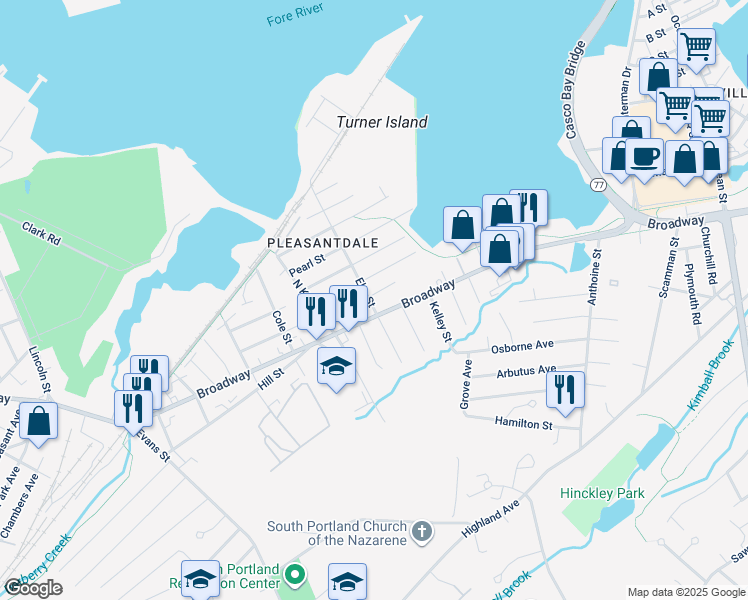 map of restaurants, bars, coffee shops, grocery stores, and more near 200 Elm Street in South Portland