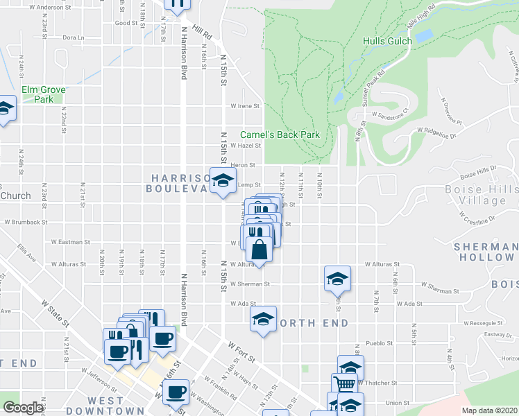 map of restaurants, bars, coffee shops, grocery stores, and more near 1305 West Ridenbaugh Street in Boise