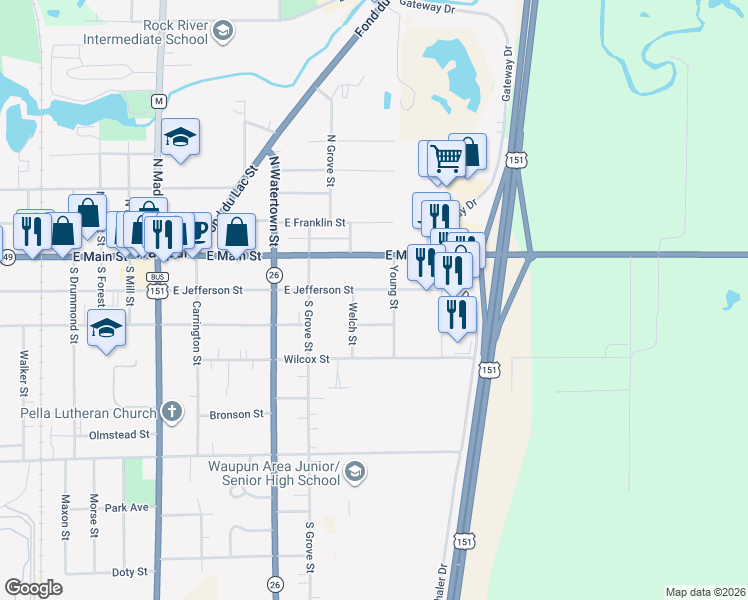 map of restaurants, bars, coffee shops, grocery stores, and more near 815 E Jefferson St in Waupun