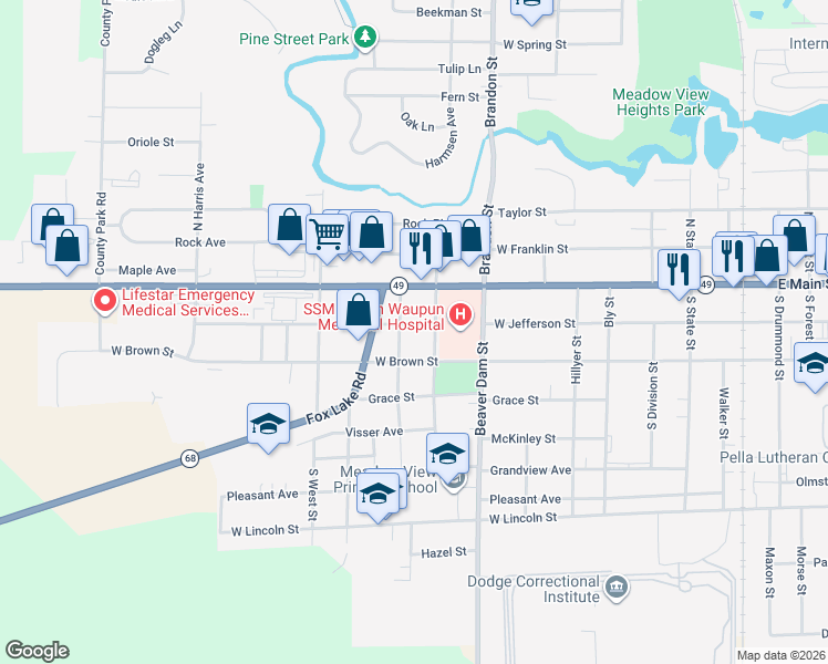 map of restaurants, bars, coffee shops, grocery stores, and more near 709 West Jefferson Street in Waupun