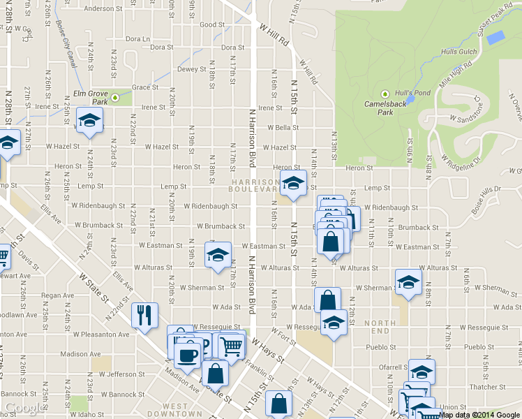 map of restaurants, bars, coffee shops, grocery stores, and more near 1420 North Harrison Boulevard in Boise