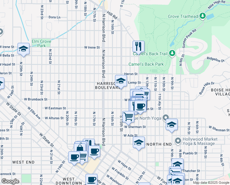map of restaurants, bars, coffee shops, grocery stores, and more near 1531 West Ridenbaugh Street in Boise