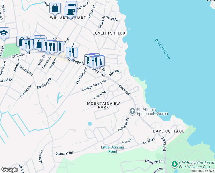map of restaurants, bars, coffee shops, grocery stores, and more near 5 Mountain View Road in Cape Elizabeth