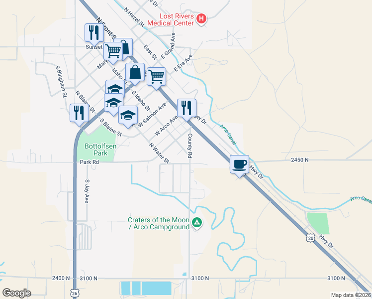 map of restaurants, bars, coffee shops, grocery stores, and more near 536-542 County Road in Arco