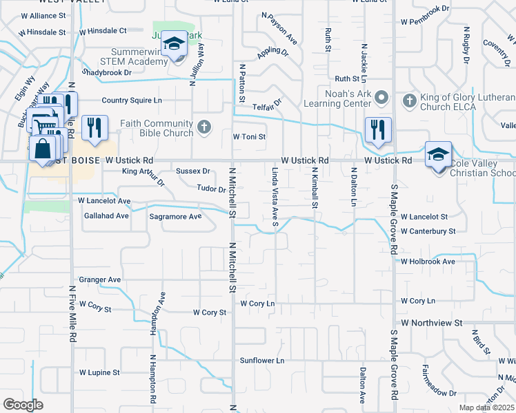 map of restaurants, bars, coffee shops, grocery stores, and more near 9645 West Lancelot Court in Boise
