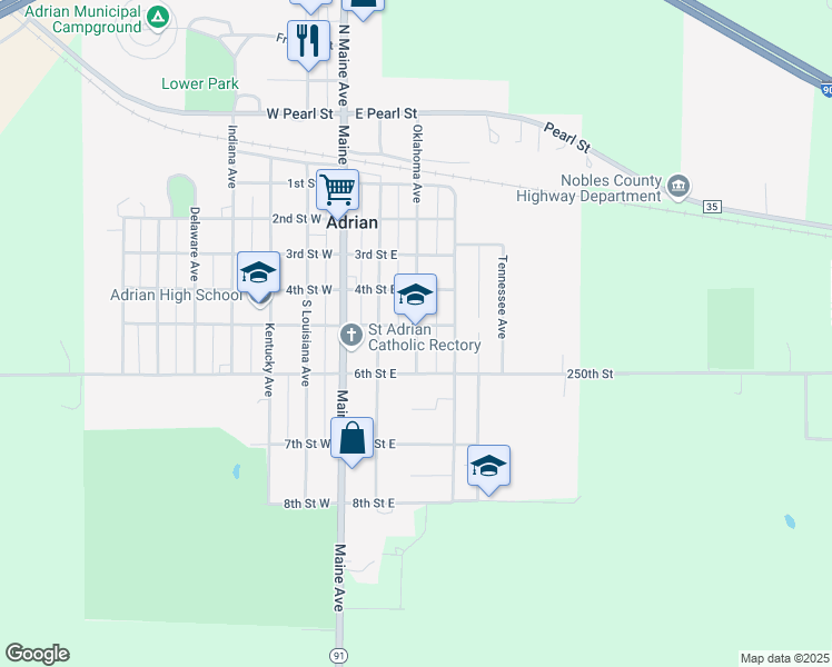 map of restaurants, bars, coffee shops, grocery stores, and more near 515 Oklahoma Avenue in Adrian