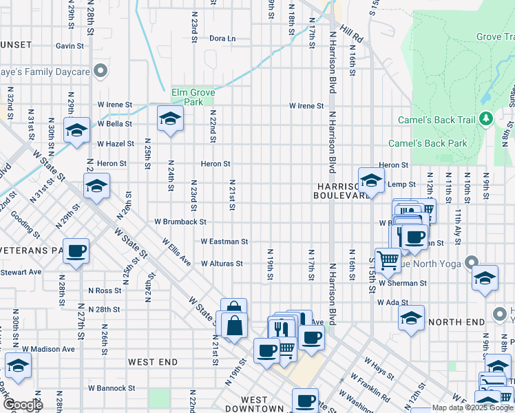 map of restaurants, bars, coffee shops, grocery stores, and more near 1903 West Ridenbaugh Street in Boise