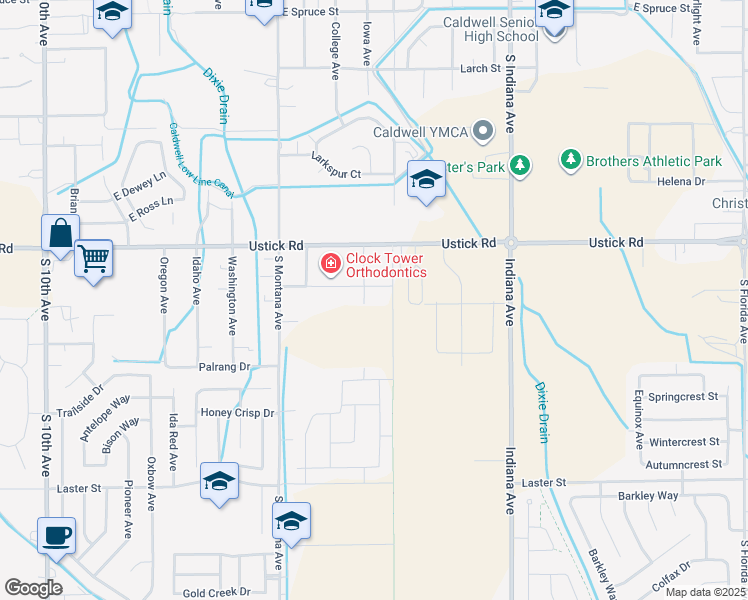 map of restaurants, bars, coffee shops, grocery stores, and more near 1420 E Ustick Rd in Caldwell