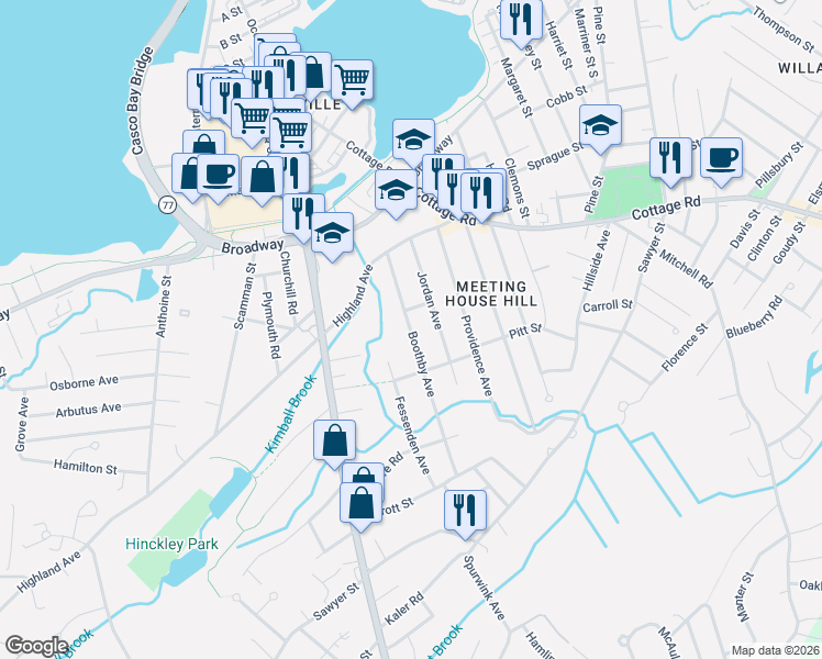 map of restaurants, bars, coffee shops, grocery stores, and more near 66 Boothby Avenue in South Portland