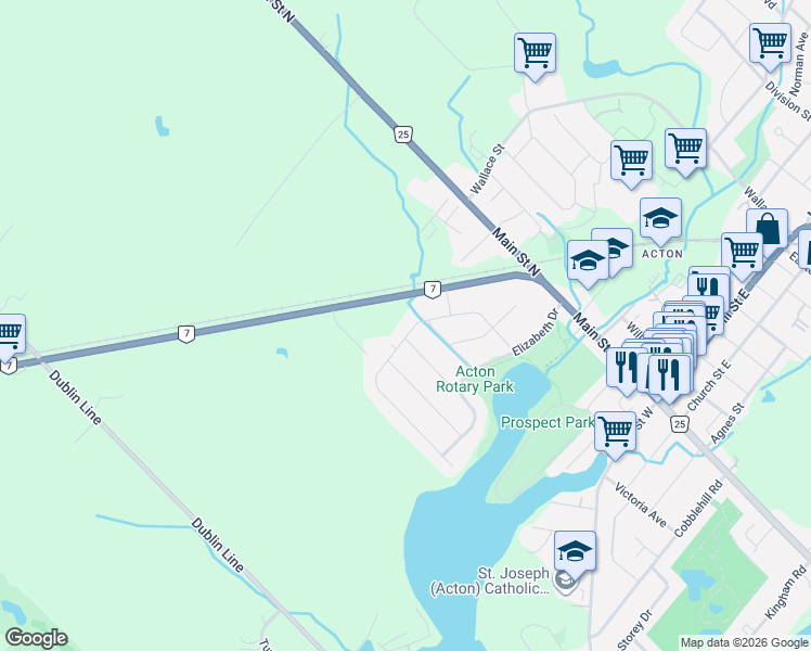 map of restaurants, bars, coffee shops, grocery stores, and more near 204 Elmore Drive in Acton