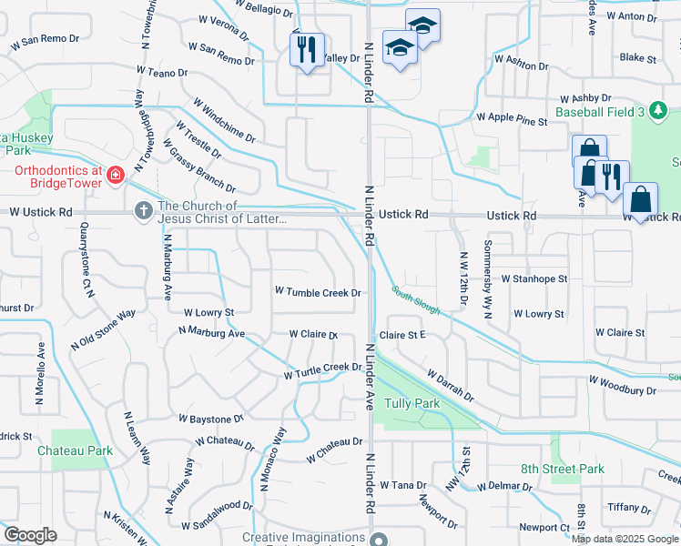 map of restaurants, bars, coffee shops, grocery stores, and more near 2976 North Springtime Avenue in Meridian