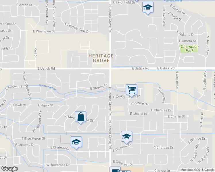 map of restaurants, bars, coffee shops, grocery stores, and more near 1579 East Stormy Drive in Meridian
