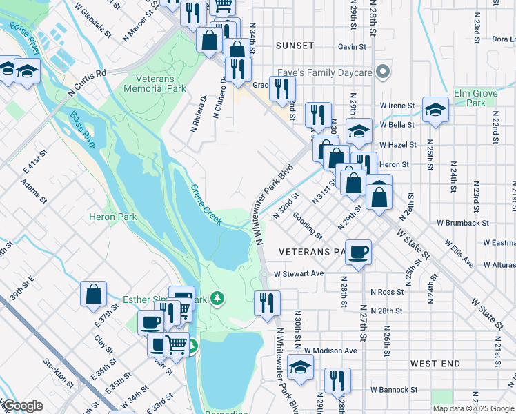 map of restaurants, bars, coffee shops, grocery stores, and more near 874 North Whitewater Park Boulevard in Boise