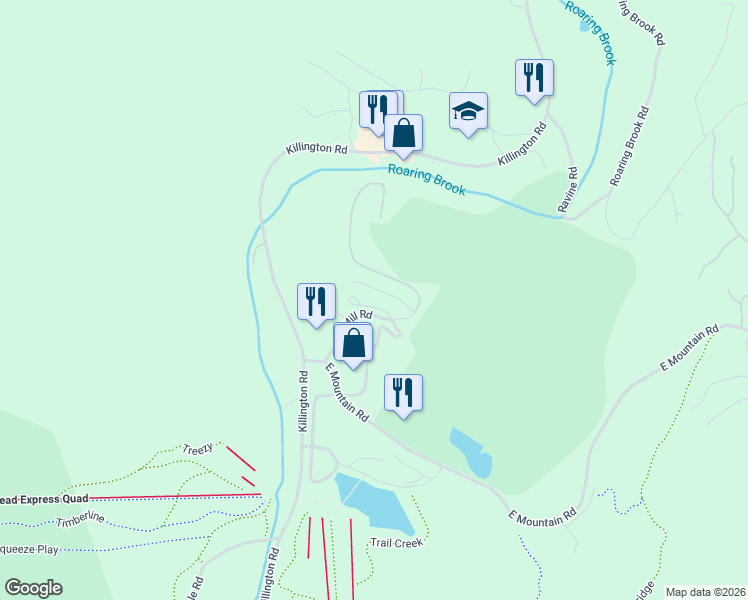 map of restaurants, bars, coffee shops, grocery stores, and more near 205 Old Mill Road in Killington