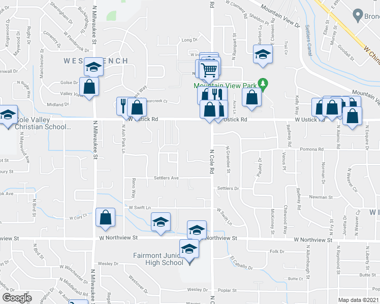 map of restaurants, bars, coffee shops, grocery stores, and more near 2999 North Cole Road in Boise