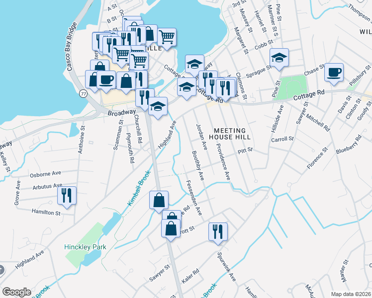map of restaurants, bars, coffee shops, grocery stores, and more near 124 Highland Avenue in South Portland