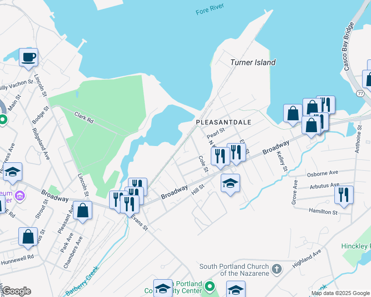 map of restaurants, bars, coffee shops, grocery stores, and more near 4 Latham Street in South Portland