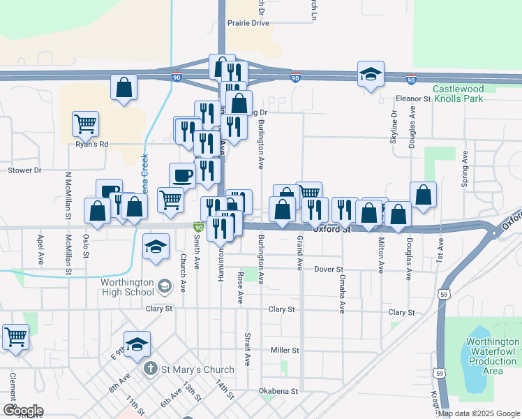 map of restaurants, bars, coffee shops, grocery stores, and more near 1440 Burlington Avenue in Worthington