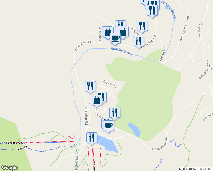 map of restaurants, bars, coffee shops, grocery stores, and more near 205 Old Mill Road in Killington