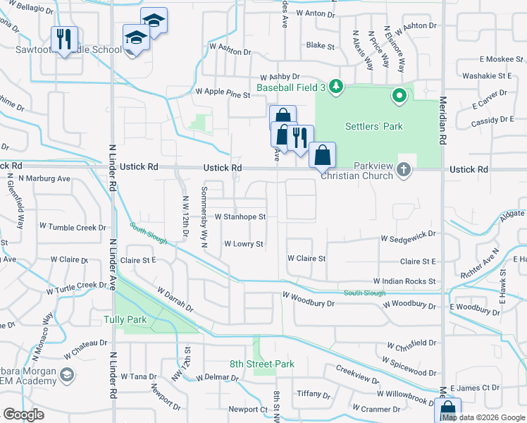 map of restaurants, bars, coffee shops, grocery stores, and more near 902 West Stanhope Street in Meridian
