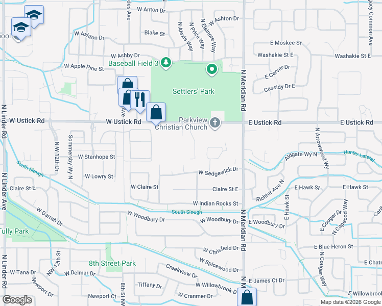 map of restaurants, bars, coffee shops, grocery stores, and more near 2967 Northwest 3rd Street in Meridian
