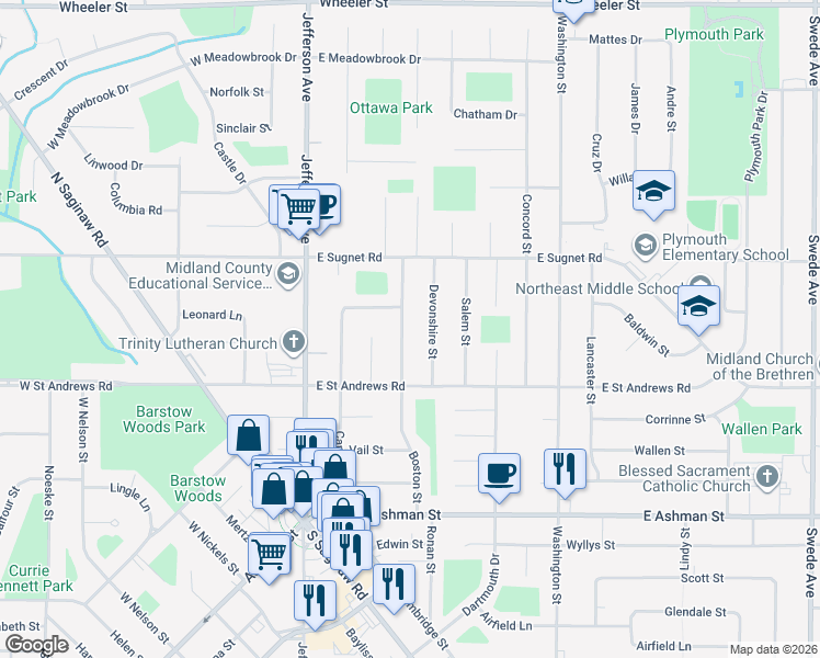 map of restaurants, bars, coffee shops, grocery stores, and more near 3715 Boston Street in Midland