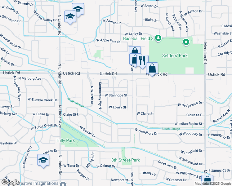 map of restaurants, bars, coffee shops, grocery stores, and more near 992 West Stanhope Street in Meridian