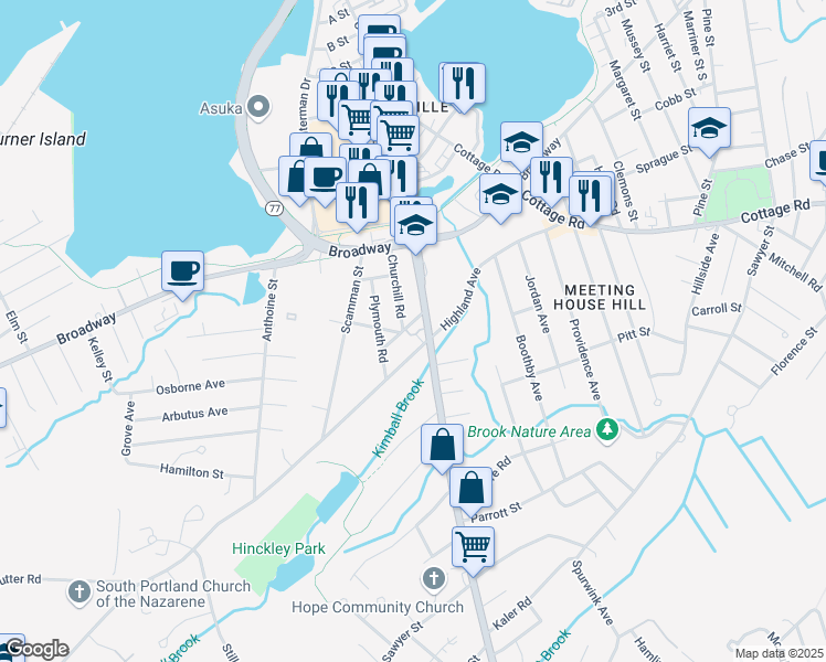 map of restaurants, bars, coffee shops, grocery stores, and more near 10 Derby Road in South Portland