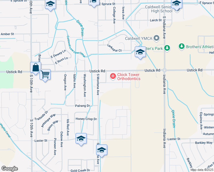 map of restaurants, bars, coffee shops, grocery stores, and more near 1402 Indian Springs Street in Caldwell