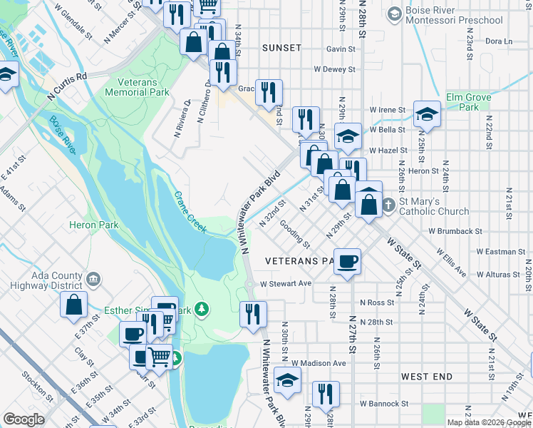 map of restaurants, bars, coffee shops, grocery stores, and more near 899 North 32nd Street in Boise