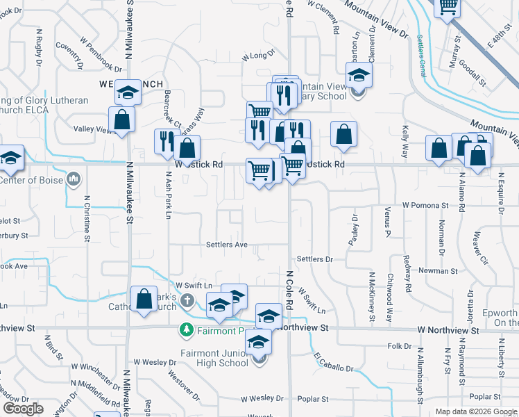 map of restaurants, bars, coffee shops, grocery stores, and more near 7586 West Tottenham Lane in Boise