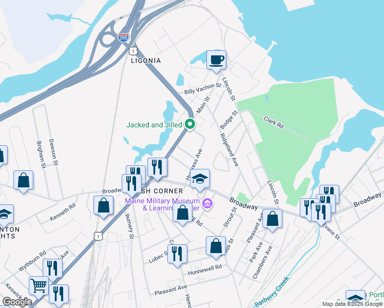 map of restaurants, bars, coffee shops, grocery stores, and more near 32 Bishop Avenue in South Portland