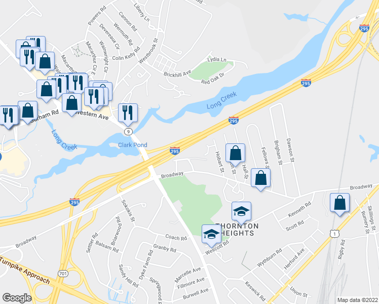 map of restaurants, bars, coffee shops, grocery stores, and more near 9 Pride Road in South Portland
