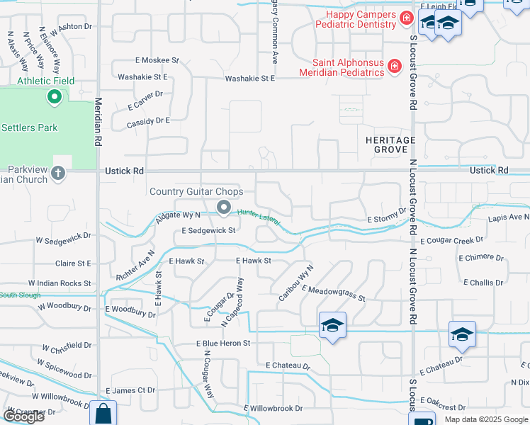map of restaurants, bars, coffee shops, grocery stores, and more near 869 East Stormy Drive in Meridian
