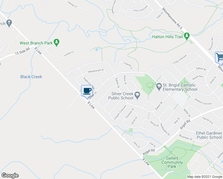 map of restaurants, bars, coffee shops, grocery stores, and more near 9 Forsyth Crescent in Halton Hills