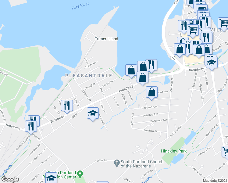 map of restaurants, bars, coffee shops, grocery stores, and more near 841 Broadway in South Portland